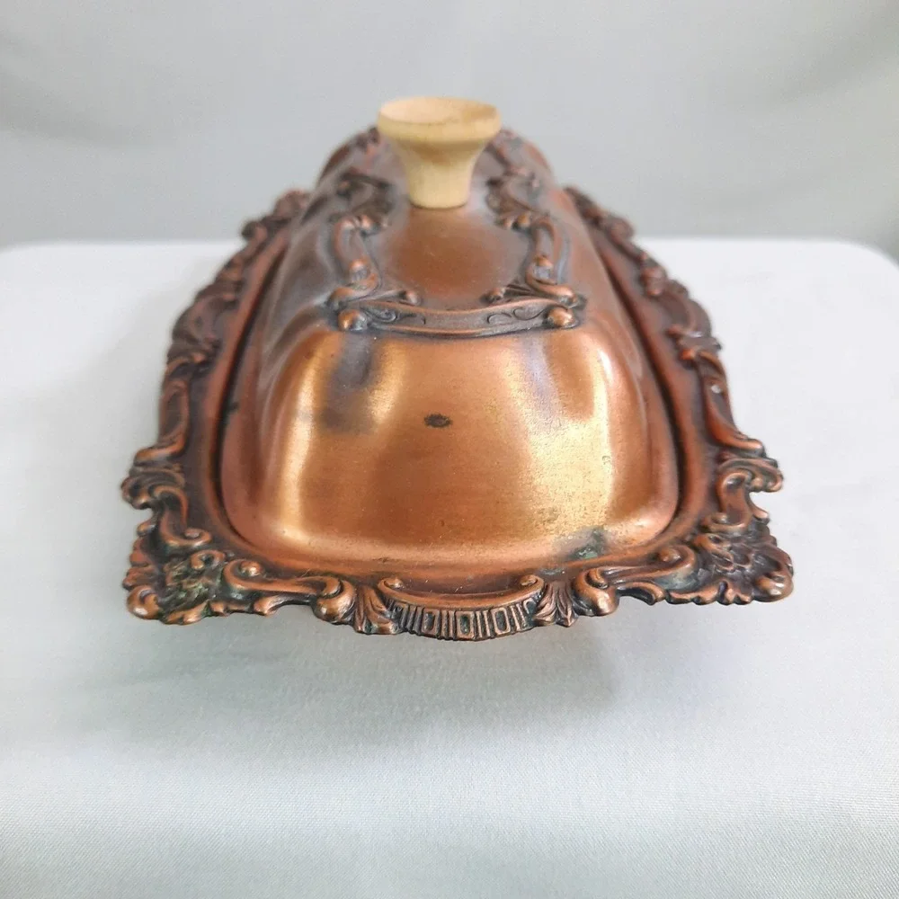Vintage Copper Covered Butter Dish with Glass Insert Lid Ornate Cottagecore